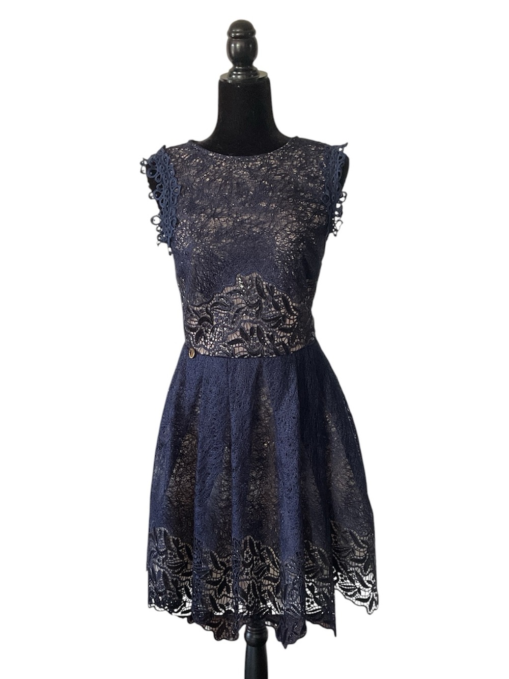 Bronx and Banco Navy Lace Cap-Sleeve Fit & Flare Mini Dress, US 6